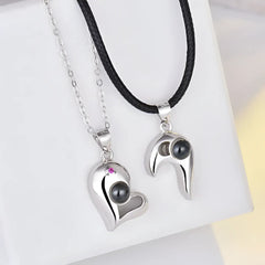 925 Silver Heart-shaped Photo Projection Couple necklaces - silver - 7