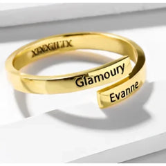 925 Sterling Silver Couple DIY Ring Name Letter Pattern Ornaments - Gold / Adjustable Opening