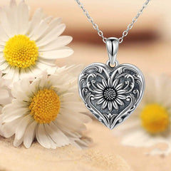 Double-sided Photo Couple Pendant Sunflower Carved Peach Heart Engraved Word Necklace - 7
