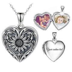 Double-sided Photo Couple Pendant Sunflower Carved Peach Heart Engraved Word Necklace - 7