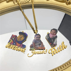 Frosted Portrait Photo Name Necklace Children - Necklace