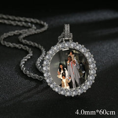 Hip Hop Diamond Round Photo Frame Couple Memorial Photo Pendant Necklace - 7