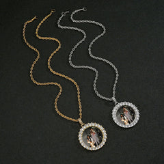 Hip Hop Diamond Round Photo Frame Couple Memorial Photo Pendant Necklace - 7