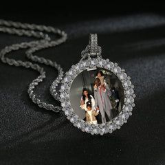 Hip Hop Diamond Round Photo Frame Couple Memorial Photo Pendant Necklace - 7