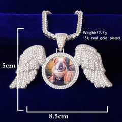 Large Winged Round Photo Copper Hip Hop Photo Frame Pendant Necklace - 7