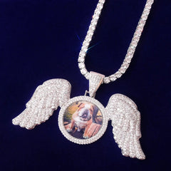 Large Winged Round Photo Copper Hip Hop Photo Frame Pendant Necklace - 7