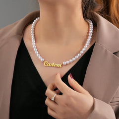 Stainless Steel Personalized Ladies Name Necklace Pearl Chain - 7