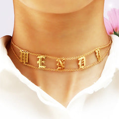 Titanium Steel Old English Letter Name Necklace - Gold - 7