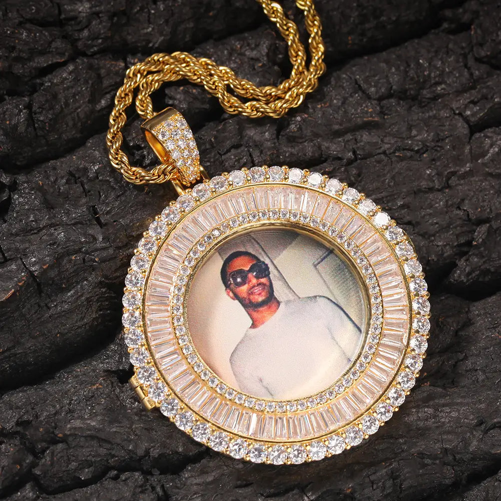 Gold Micro Inlaid Cubic Personalized Photo Pendant Necklace with custom photo charm.