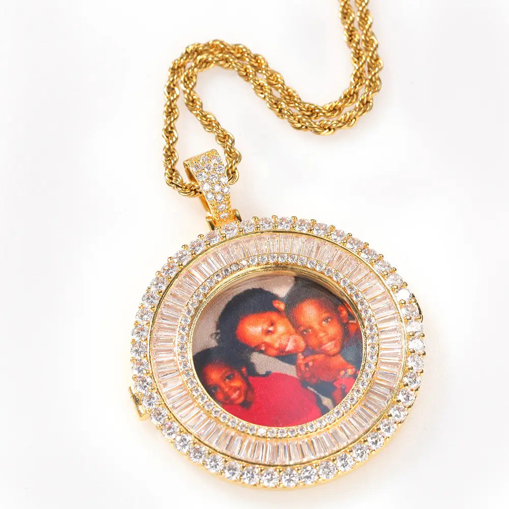 Gold Micro Inlaid Cubic Personalized Photo Pendant Necklace showcasing elegant design.