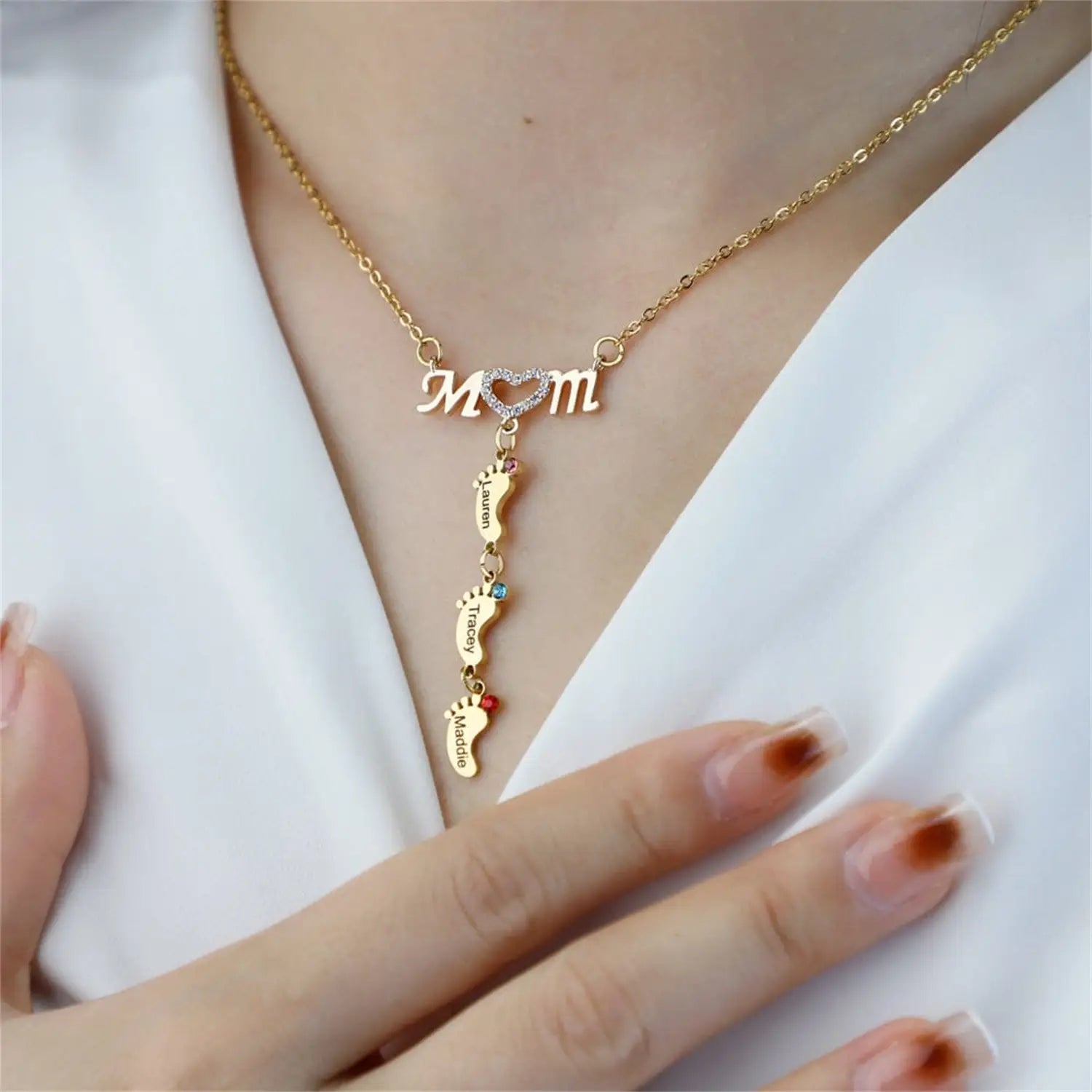 Personalized MOM Necklace with Foot Engraving and Birthstone Options