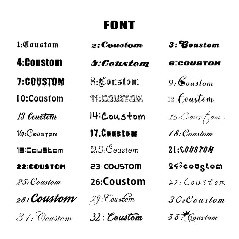Schriftartbeispiele für den Verkauf hochwertiger, individuell gestalteter Creolen aus Edelstahl mit Buchstaben