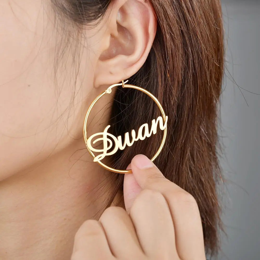 Custom Name Hoop Earrings in Stainless Steel and Rose Gold