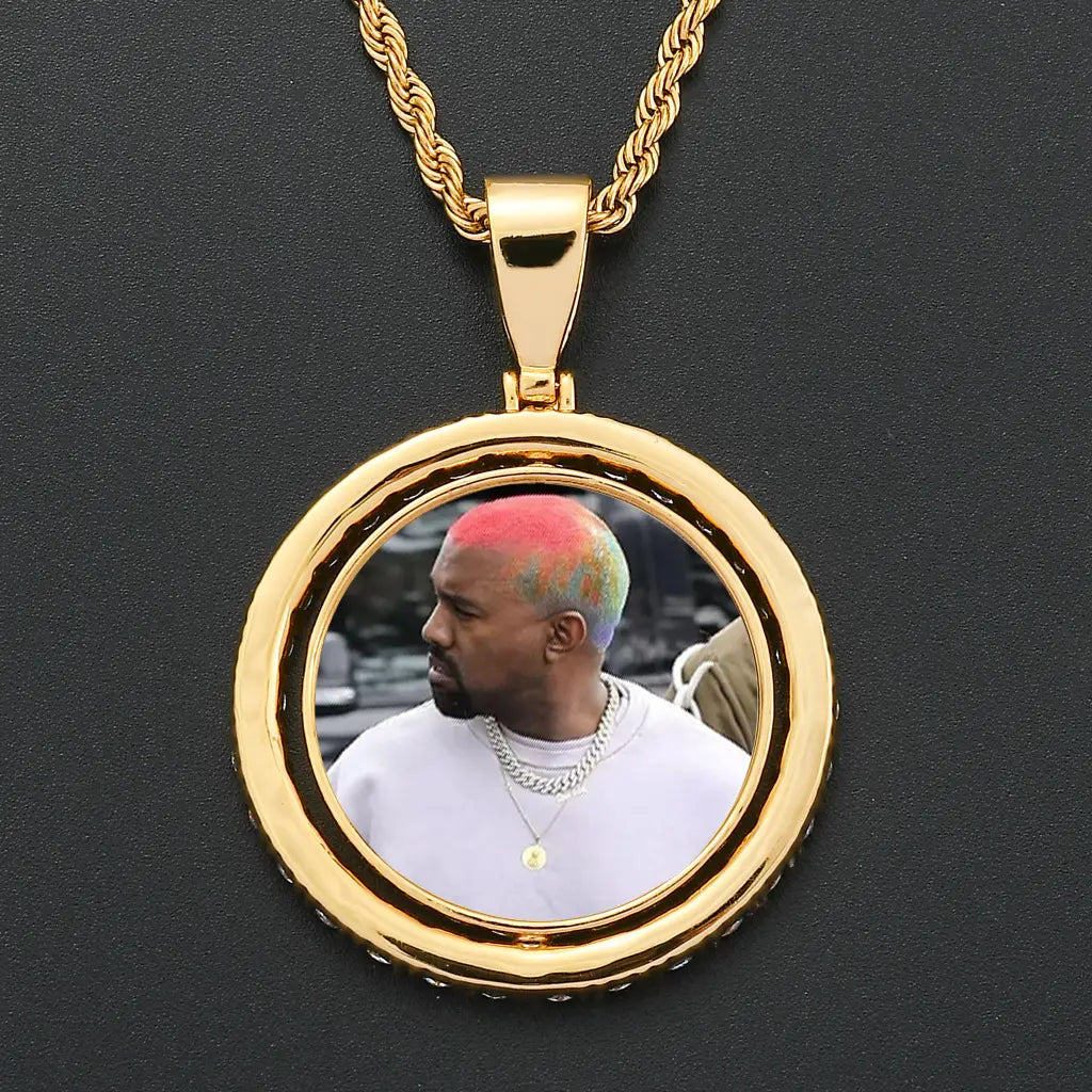 Gold Double-Sided Photo Frame Pendant with Stainless Steel Twist Chain