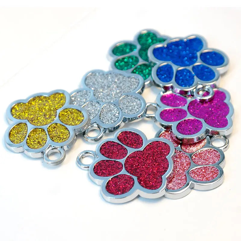 Colorful glitter paw print charms on Personalized Silver Paw Print Dog and Cat Tags Engraved