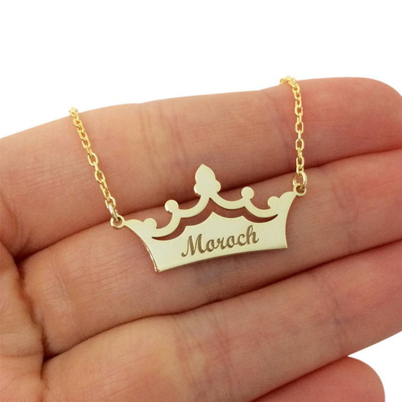 Crown Private Name Necklace with 7cm Extension Chain in Gold
