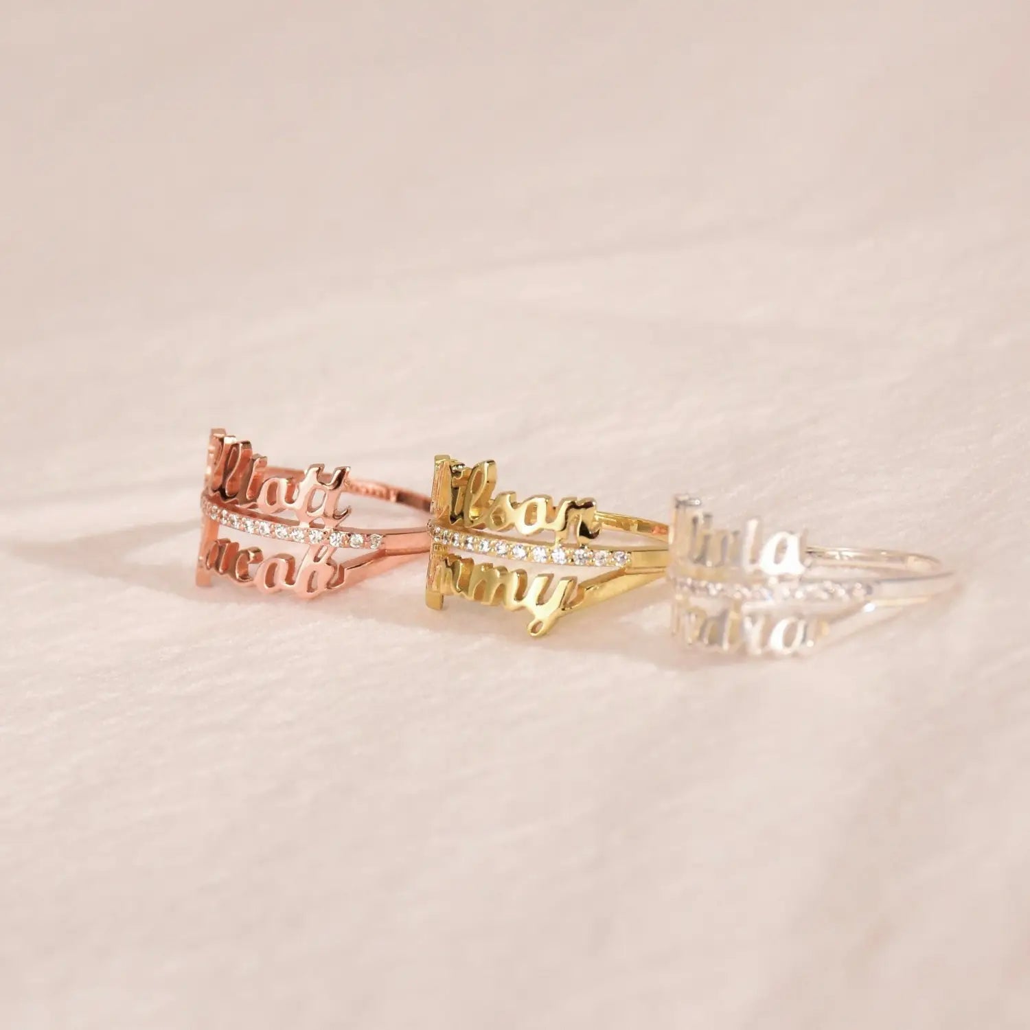 Three DIY Personalized Double Name Rings in 925 Sterling Silver for a beautiful appearance.