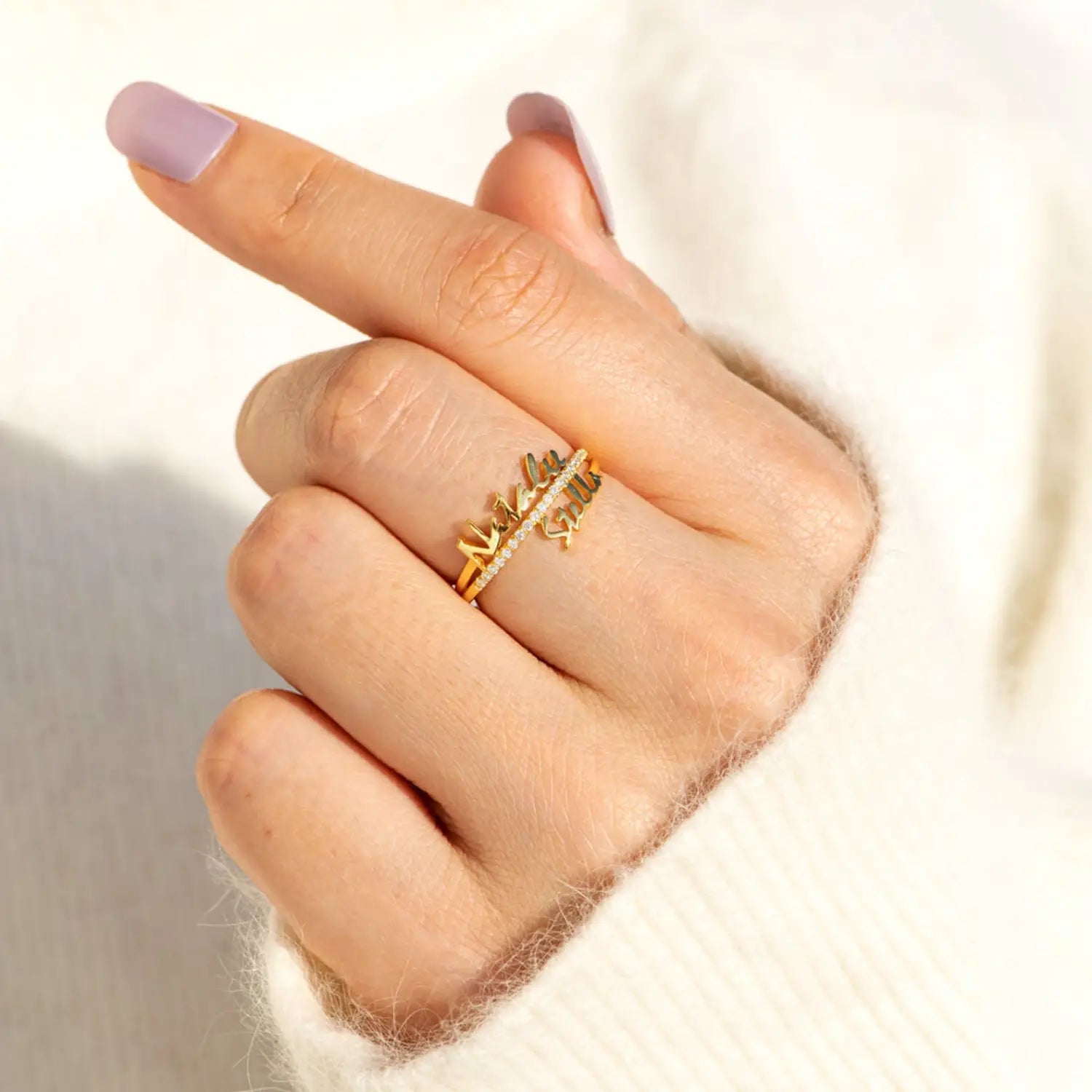Gold ring featuring DIY personalized double names in 925 Sterling Silver for beautiful appearance