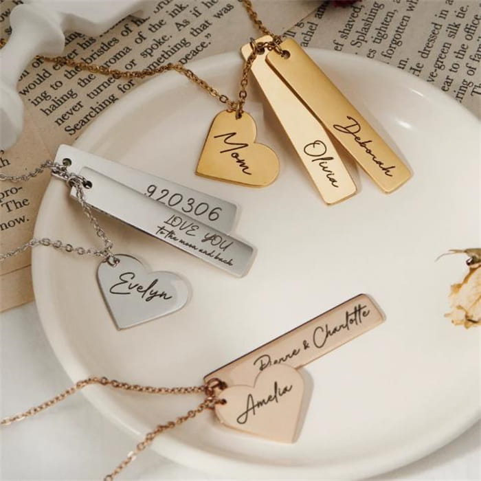 Stylish Gold Name Heart Rectangle Pendant Necklace for trendy women jewelry lovers.