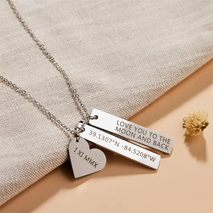 Stylish Gold Name Heart Rectangle Pendant Necklace with silver engraved pendants.