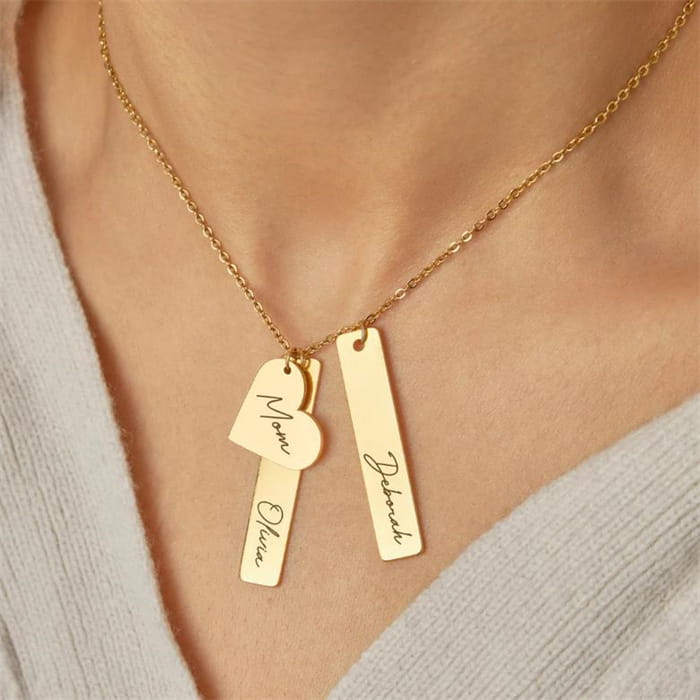 Gold Name Heart Rectangle Pendant Necklace, trendy jewelry for stylish women.