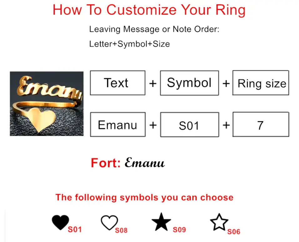 Customizable ring instructions for Personalized Gold Heart Name Ring, ideal unique gift in business days.