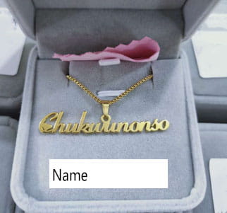 Gold Gabrielle Custom Name Necklace in Gray Box perfect for personalized gifts.
