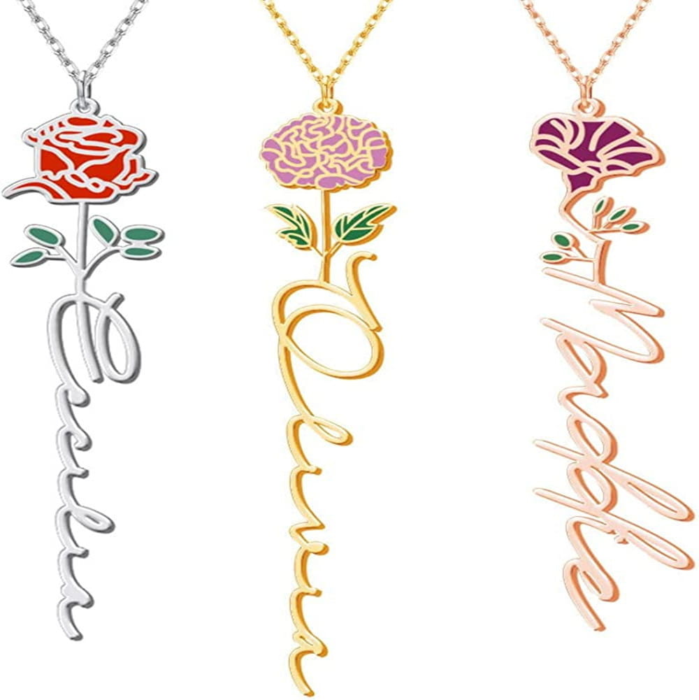 Stainless Steel Name Necklace with Birthday Flower Design