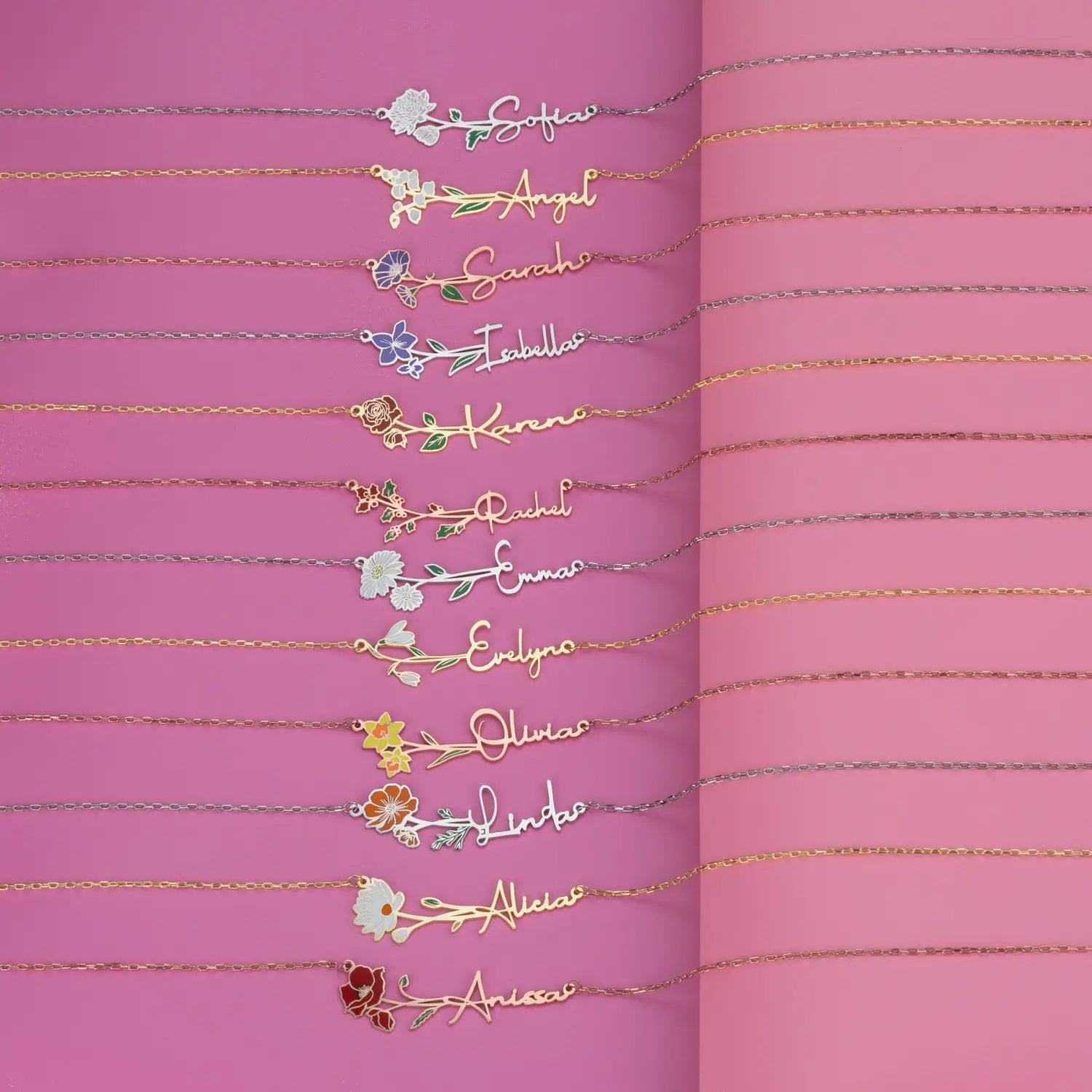 Stainless Steel Name Necklace with Birthday Flower Design