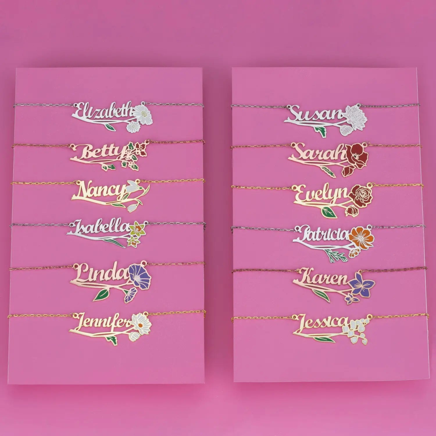 Stainless Steel Name Necklace with Birthday Flower Design