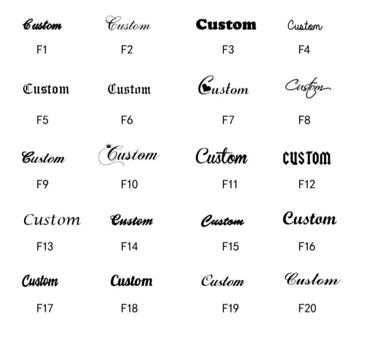 Auswahl an benutzerdefinierten Schriftarten für einzigartige Armbänder und Armreifen aus Edelstahl.