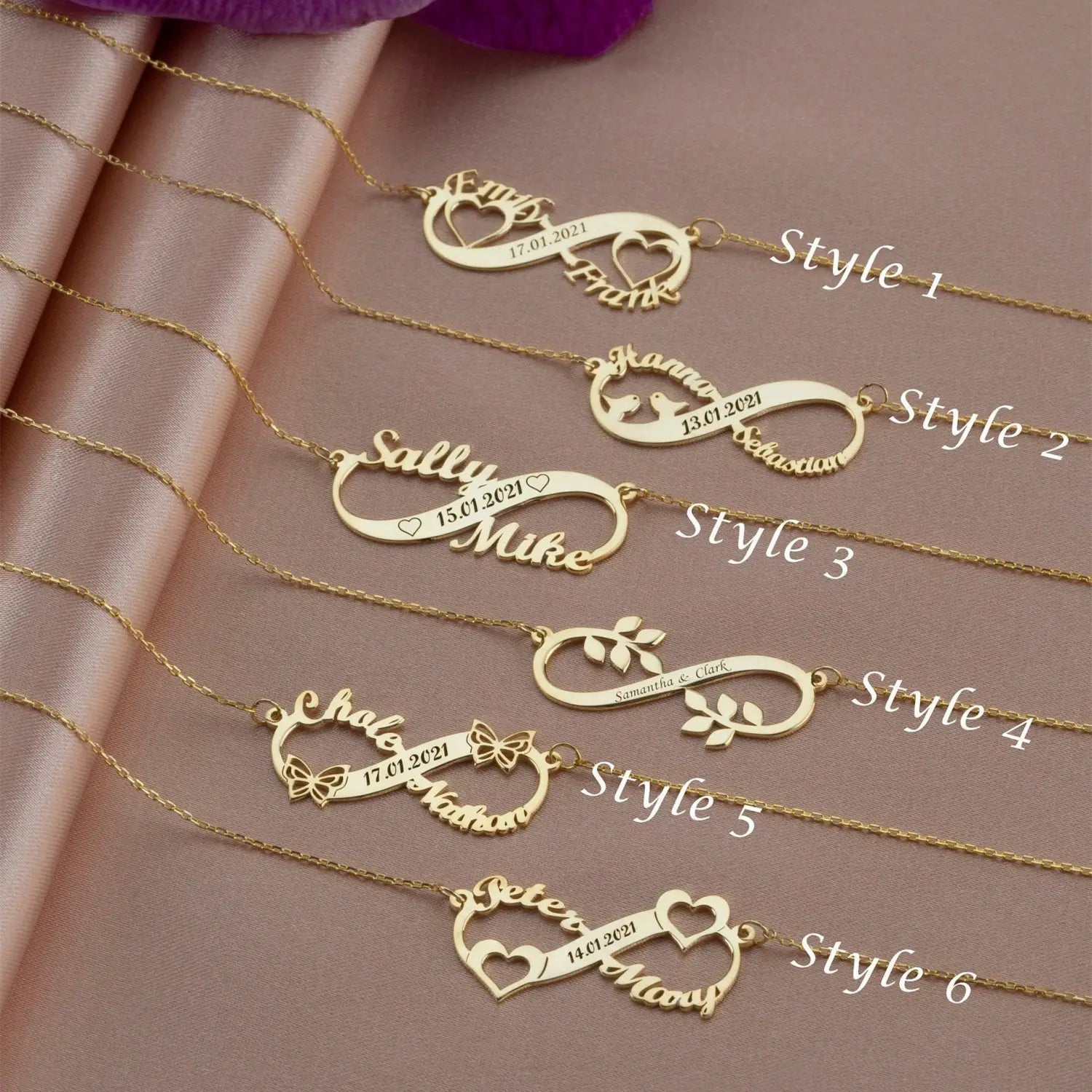 Personalized Gold Infinity Necklace with Custom Multi-Name English Letter in elegant design.