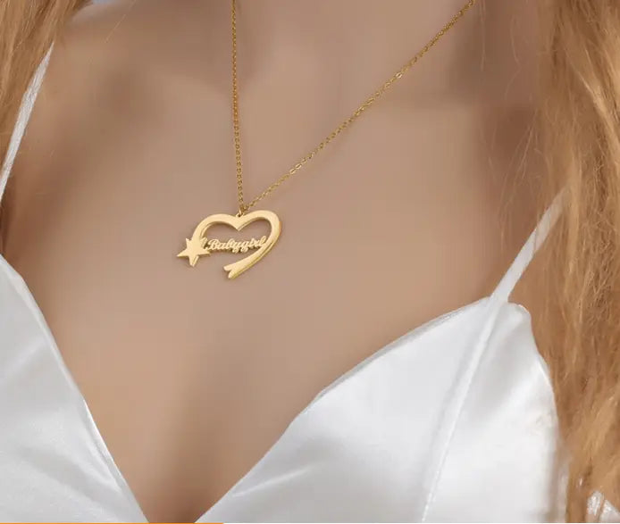 Gold Love Heart Shaped Necklace with Personalized Cut Name featuring heart and star design