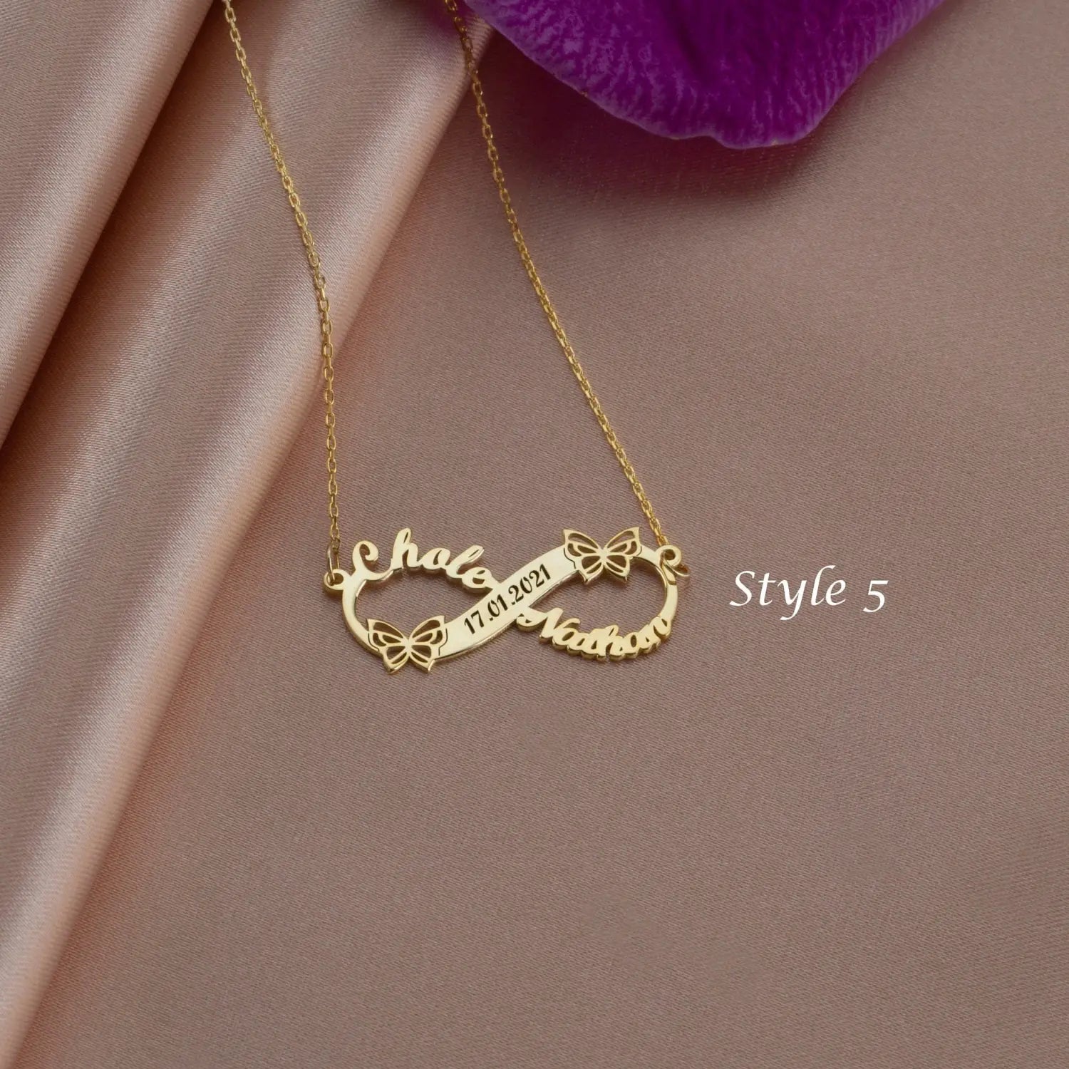 Gold Infinity Necklace with Custom Multi-Name English Letter and Butterfly Accents.