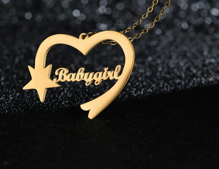 Gold Love Heart Shaped Necklace with Personalized Cut Name and Star Accent