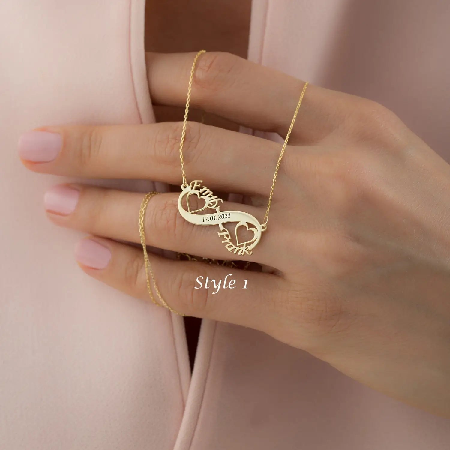 Personalized Gold Infinity Necklace with Custom Multi-Name English Letter and Hearts