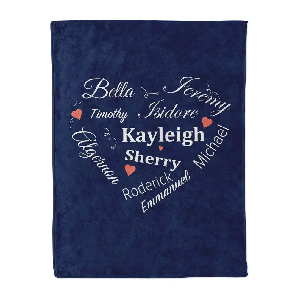 Navy blue personalized blanket with features printing for infants in pink, purple, and fuchsia.