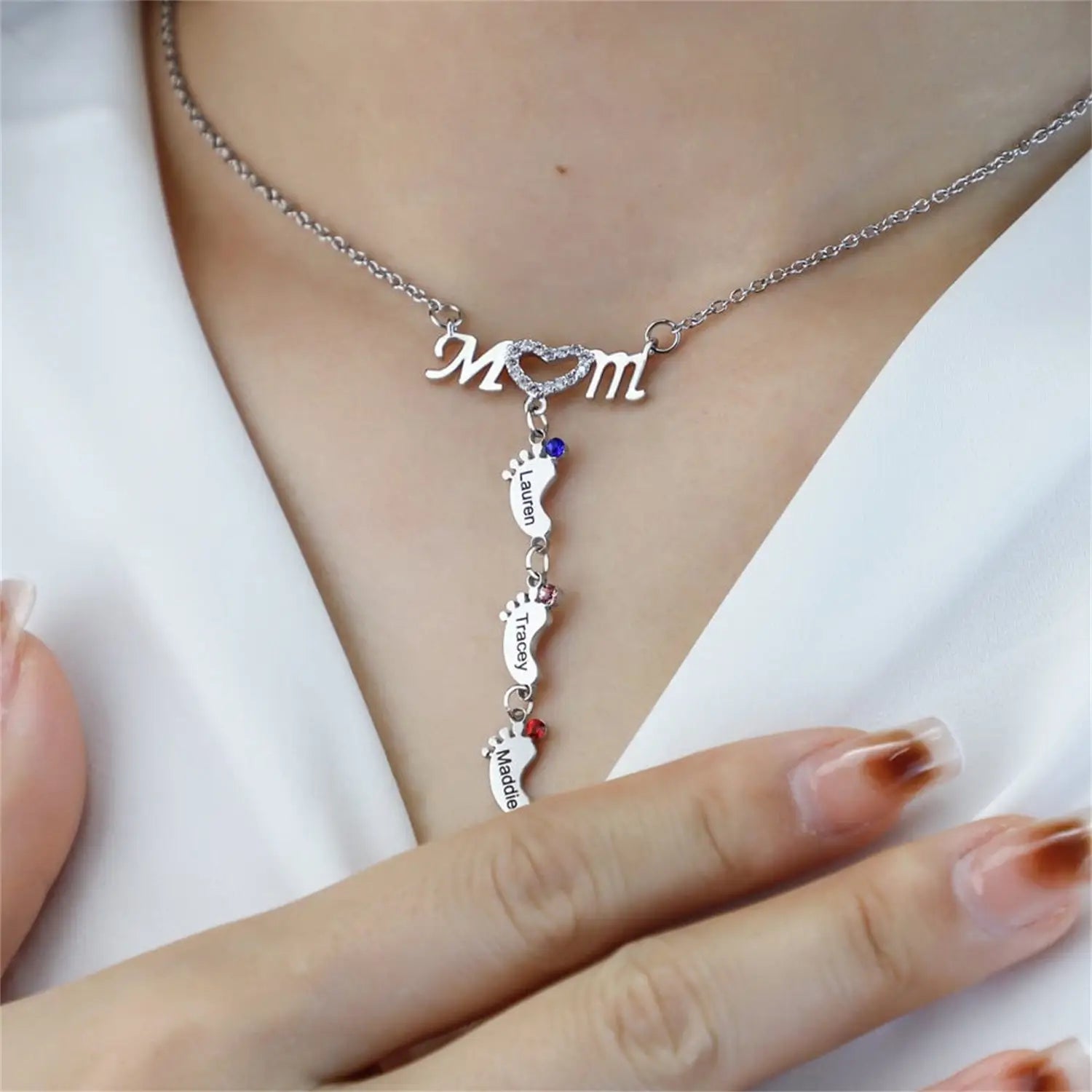 Personalized MOM Necklace with Foot Engraving and Birthstone Options