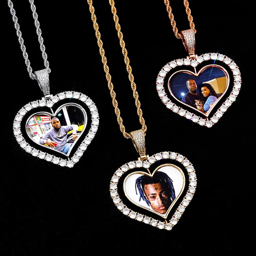 Heart-shaped Gold Zircon Solid Pendant with Love Photo Custom Design and diamond accents.