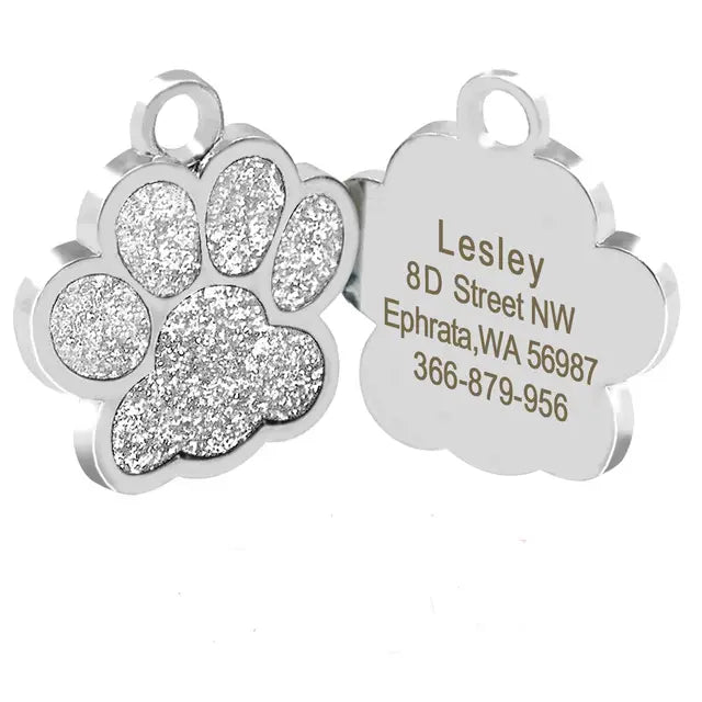 Personalized Silver Paw Print Dog and Cat Tags Engraved for pets with a shiny finish