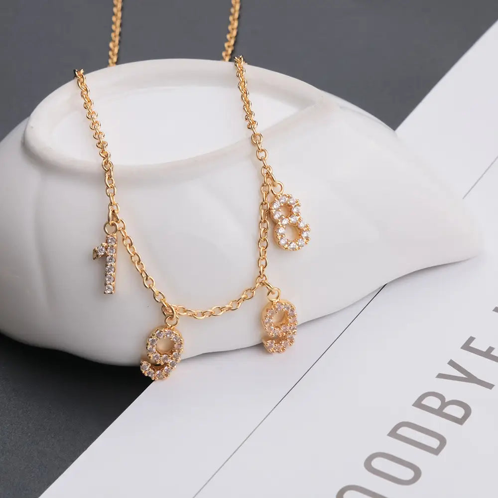 Gold Zircon Letter Necklace featuring rhinestone numbers for a stylish DIY personalized look