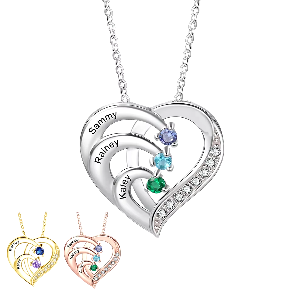 925 Sterling Silver Personalized Heart Necklace with 2-6 Birthstones Custom Engraved Name Mothers Pendant Christmas Gift for Her