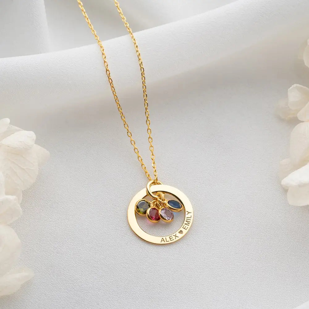 Personalized Engraved Birthstone Circle Necklace in Rose Gold with gemstone pendants