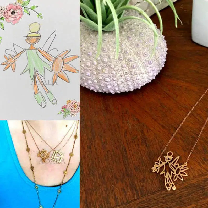Collage of a child’s drawing and jewelry for the Baby Hand Drawing Necklace in silver chain.