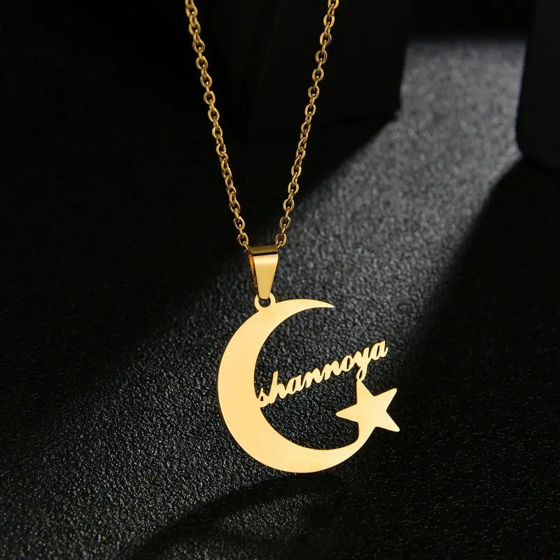 Creative Stainless Steel Name Necklace with Moon and Star Charm