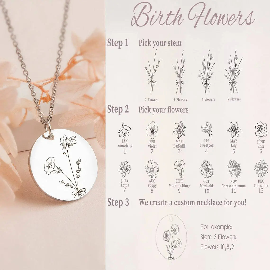 Customizable birth flower necklace for unique birthday flowers personalized gifts.