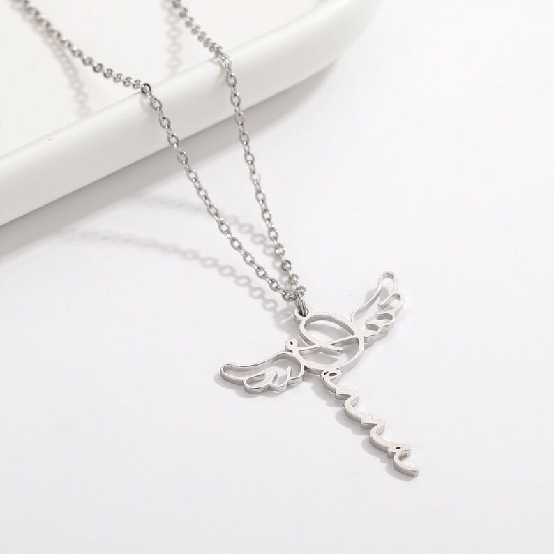 Hollowed Out Angel Wings Stainless Steel Name Necklace for Fashion Lovers