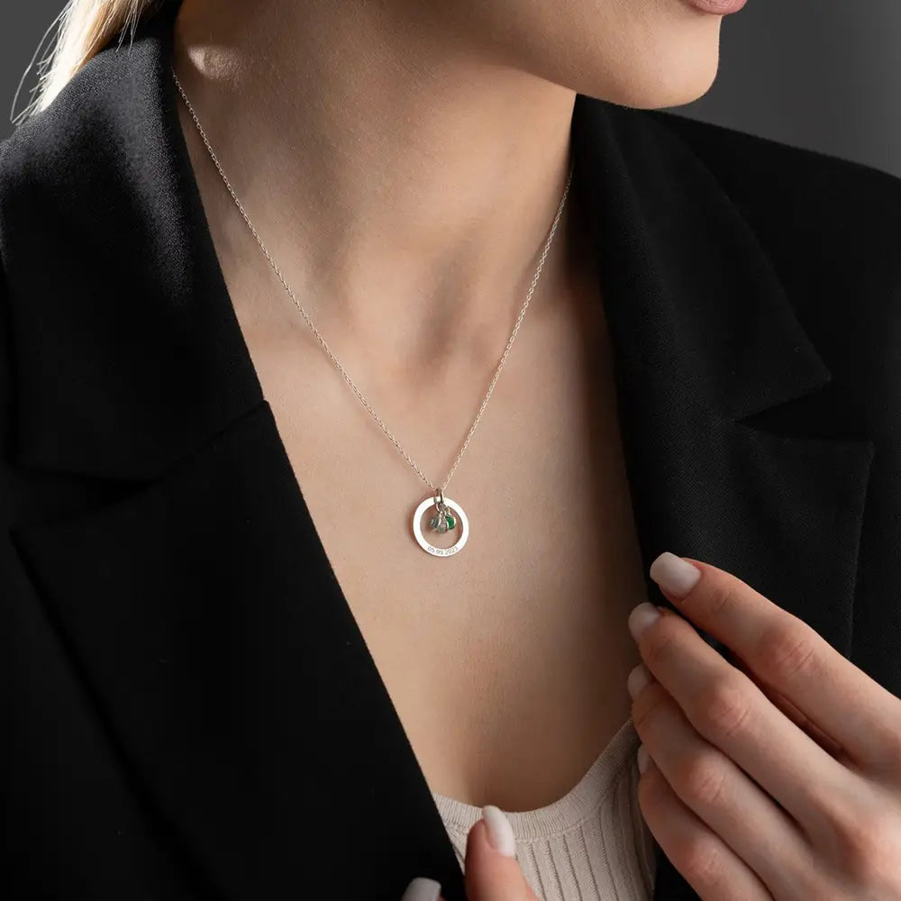 Silver necklace with circular pendant personalized engraved birthstone circle design