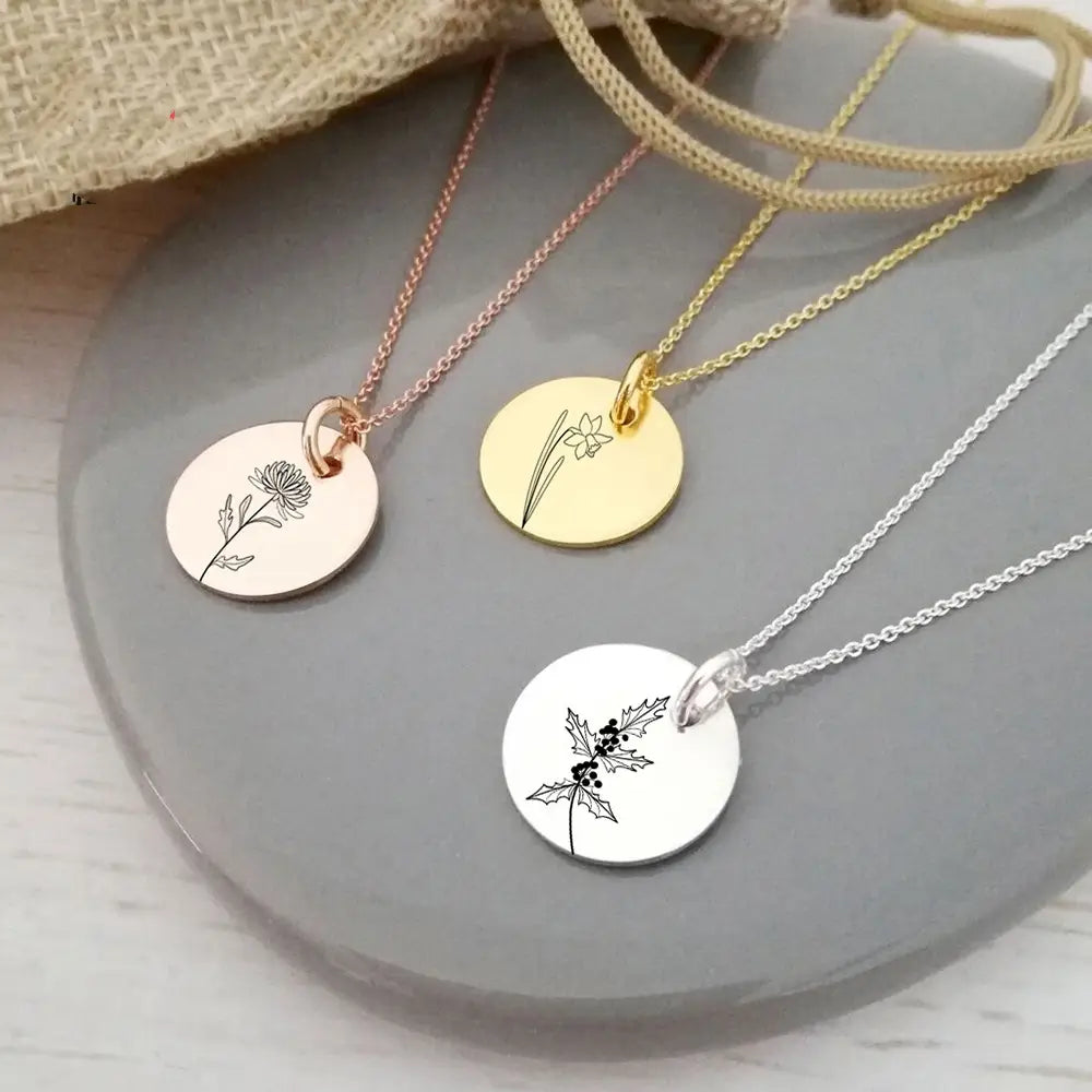 Personalized Month Flower Stainless Steel Name Necklace
