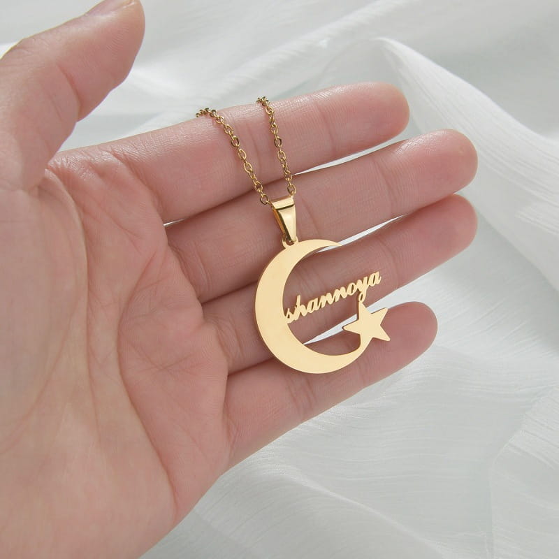 Creative Stainless Steel Name Necklace with Moon and Star Charm